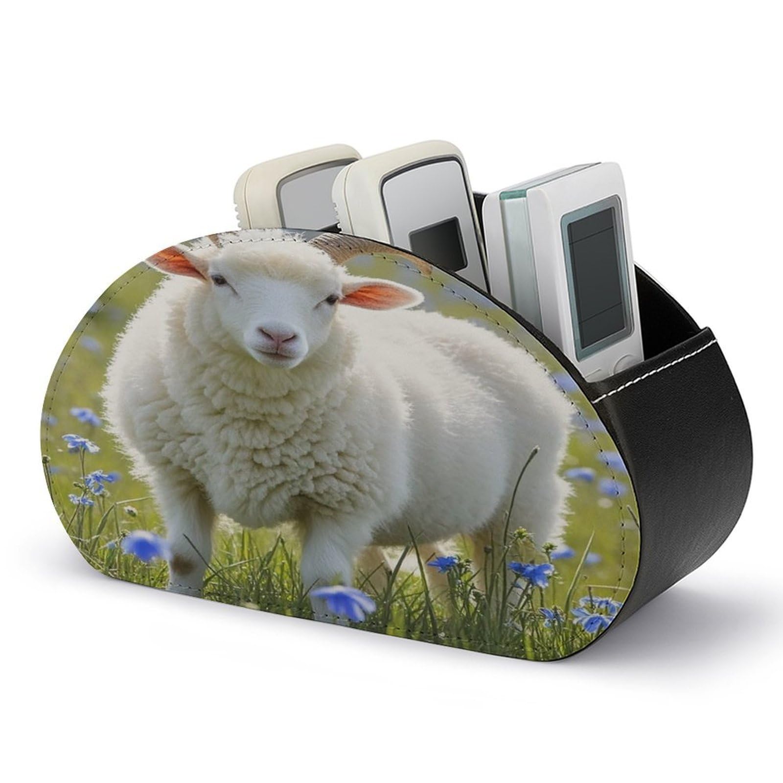 VstaDank Sheep Remote Control Holder Farmhouse TV Media Remote Storage Box with 5 Compartments PU Leather Remote Caddy Desktop Organizer for Home Bedside Table Organizer