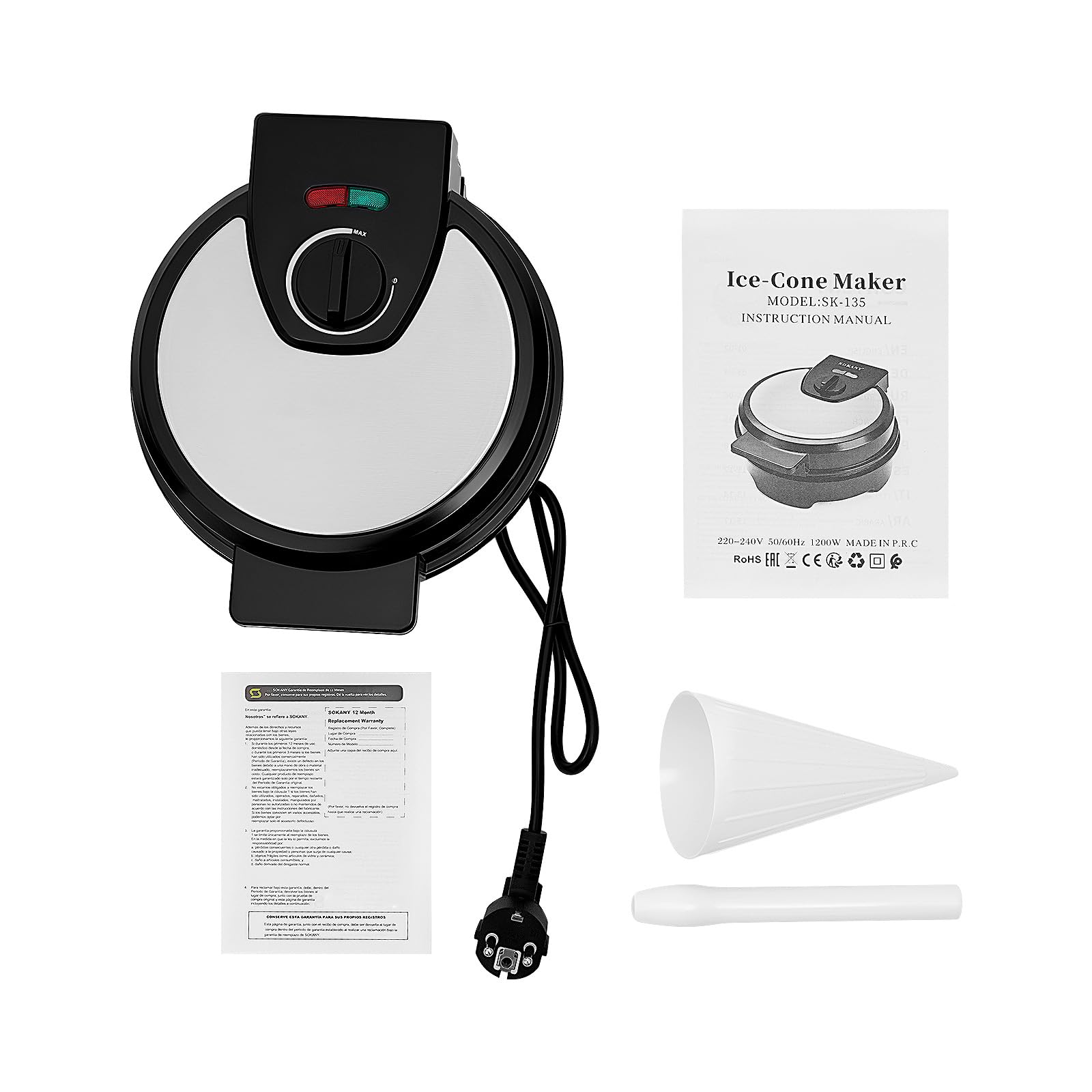 Piastra per waffle sottile per gelato, cialda elettrico, produttore di coni, antiaderente, piastra da forno in ferro, superficie di cottura, 20 cm, con spia conica, 1000 W