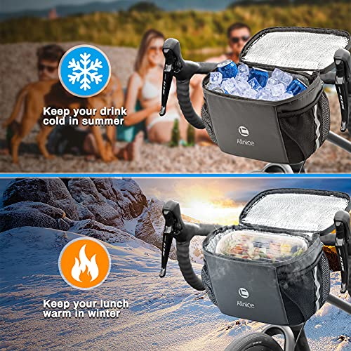 Allnice Bike Handlebar Bag 4L Bike Basket Thermal Insulation Bicycle Front Bag Water Resistant Frame Storage Bags With Reflective Strap, Touch Screen Pouch, 2 Mesh Pockets For Men And Women #TOP2