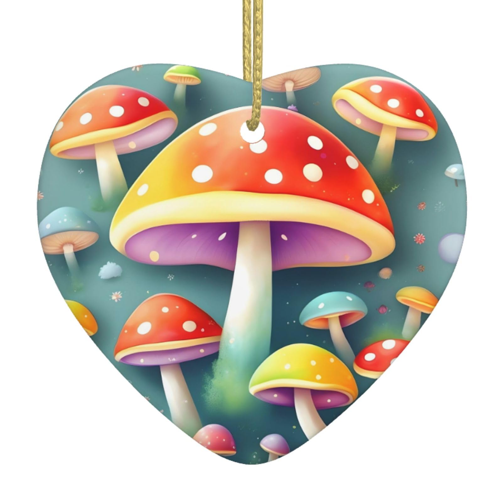 Cute Colored Mushrooms Ceramic Christmas Heart Pendant with Silk Thread, Christmas Tree Home Decoration