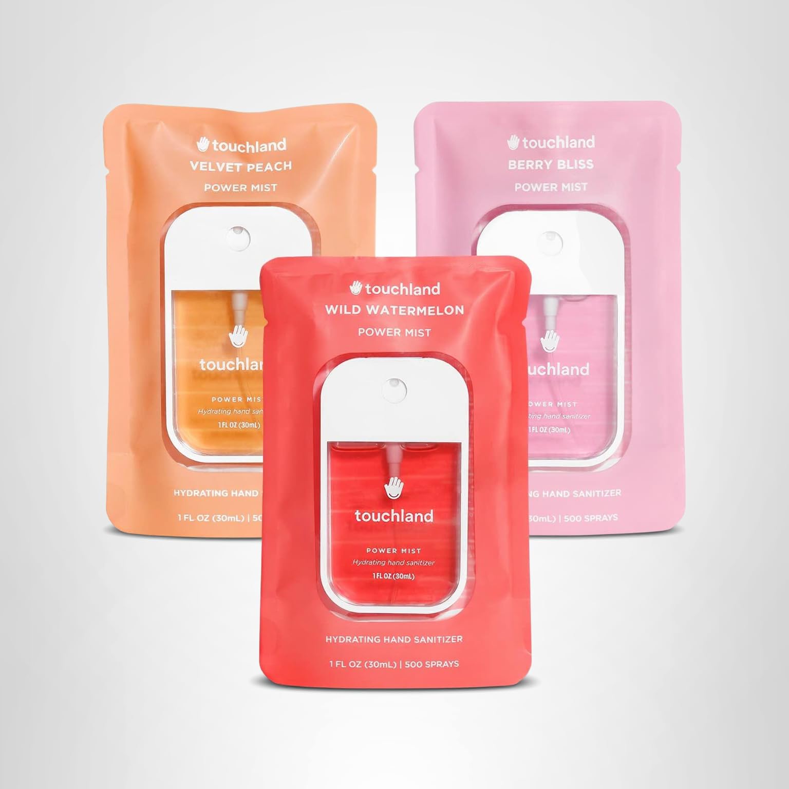 Touchland Hydrating Hand Sanitizer Spray, JUICY Trio Set (Watermelon, Peach, Berry), 1 FL. OZ. Travel Size Power Mist Sprays (Set of 3)