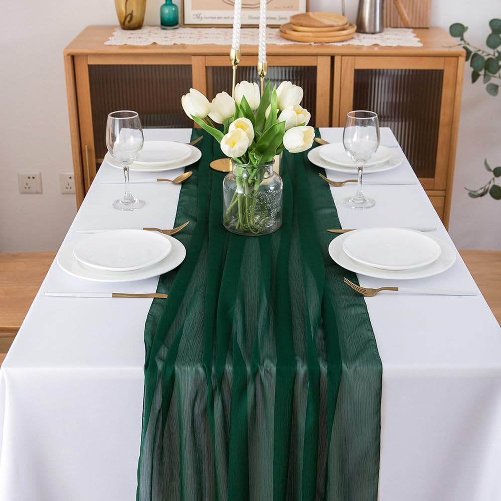 CHUQING Chiffon Tischläufer Hochzeit Tischdeko Stoff Tischdecke Dunkelgrün – Ansicht 2