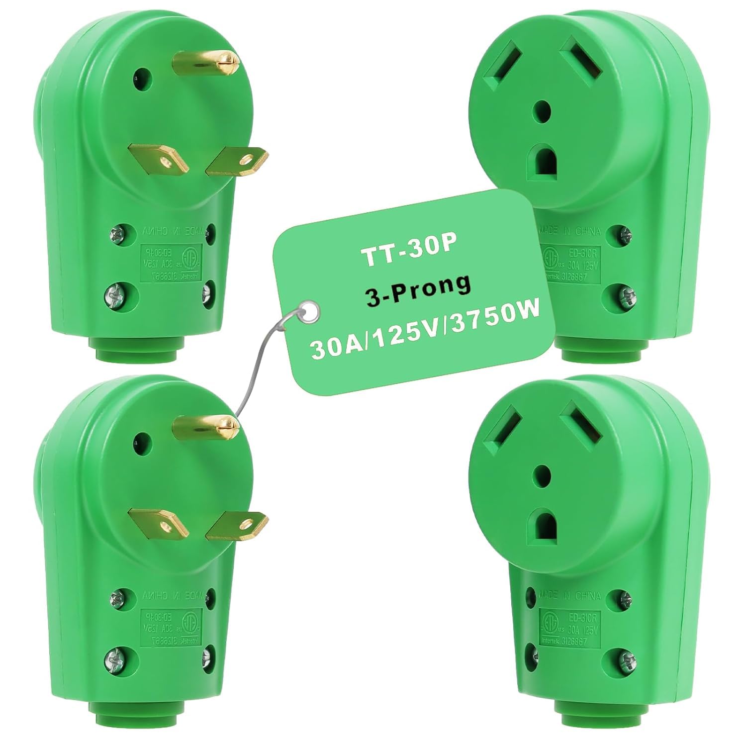30 Amp RV Plug Male and Female Set, 2 Sets TT-30P/30R Receptacle, 125V Heavy Duty Electrical Plug Ends with Grip Handle, ETL Listed, for 10/3AWG Cord, Camper, Motorhome, Trailer, Van Black