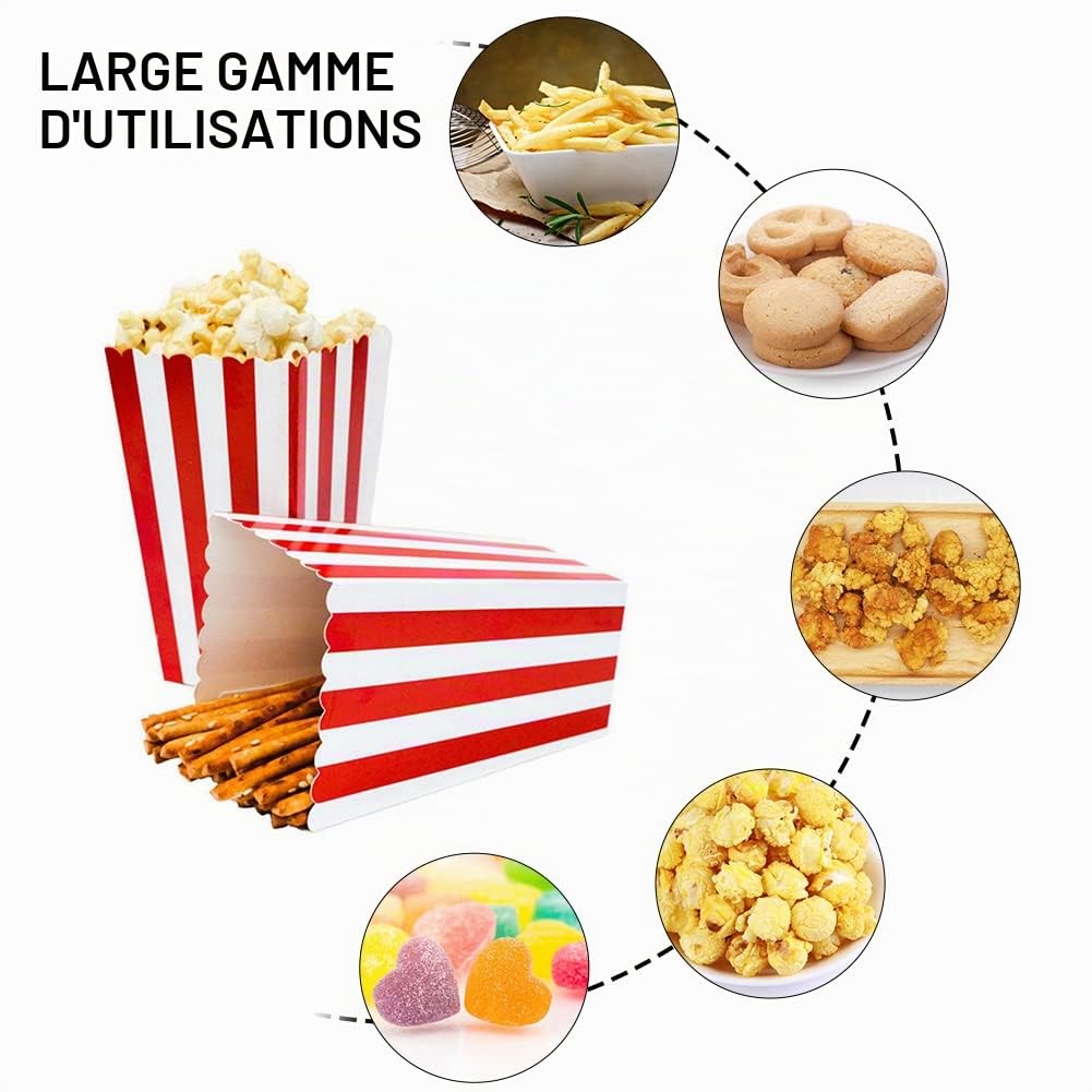 Helweet Popcorn Box, Pot Popcorn, Popcorn Boîtes, Sacs Popcorn, Boîtes de Nourriture de Seau de Pop-Corn à Rayures Carrées Rétro pour Cinéma Théâtre Anniversaire Soirées à Thème Aoirées, 24 Pack