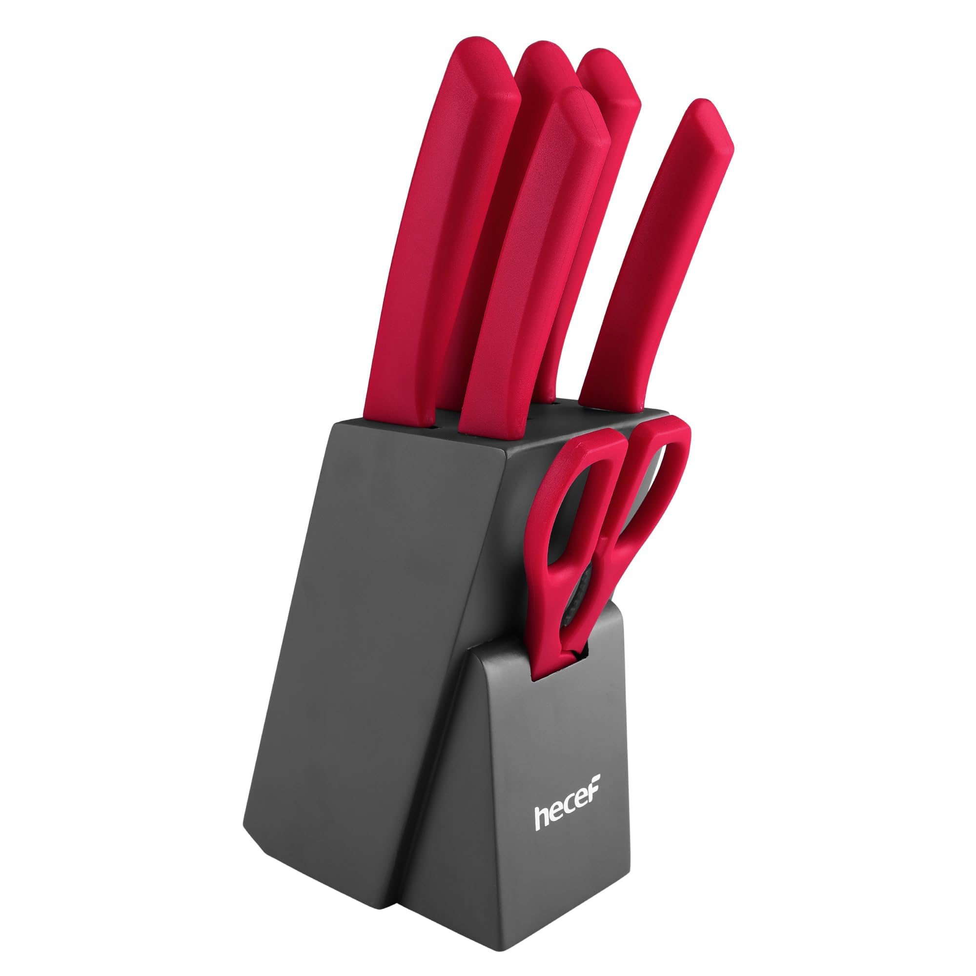 hecefKnife Set with Wooden Block & Scissors – Durable Stainless Steel Blade Extended Handle for Seamless Food Prep (Red)