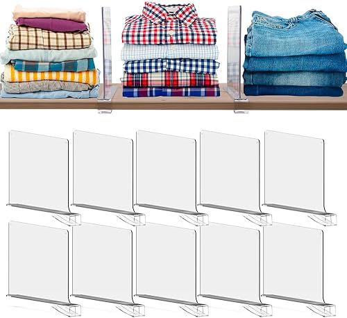 Paquete de 10 separadores de estantes acrílicos para la organización del armario, divisor de estante transparente para organizador de estantes de