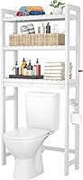 Homykic Bamboo Over-the-Toilet Storage Rack - 3-Tier Freestanding Bathroom Organizer with 3 Hooks, Space-Saver, No Rust, Easy Assembly, White