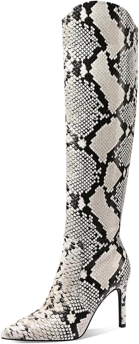 JANSEVEN Snakeskin Knee High Boots for Women Snake Skin Tall Boot with Stiletto High Heel Python Print Pointed Toe Fashion Boots Side Zipper 9 White