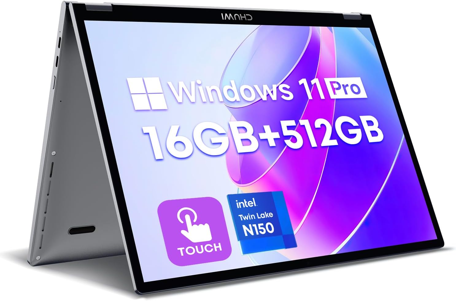 CHUWI MiniBook X 2-in-1 Laptop 10.51", 16GB LPDDR5 512GB SSD, Intel N150 (up to 3.6GHz), Windows 11 Pro Mini Laptop with Office, FHD IPS 2K Touchscreen, Backlit Keyboard, WiFi 6, BT5.2