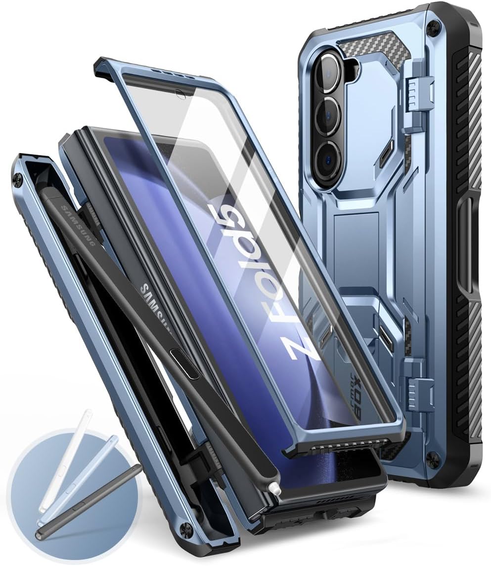 i-BLASON Armorbox for Samsung Galaxy Z Fold 5 Case with Pen Holder & 3 Silicone Pen Covers, Full Body Protective Bumper Case with Built-in Screen Protector & Kickstand (Dark Green)