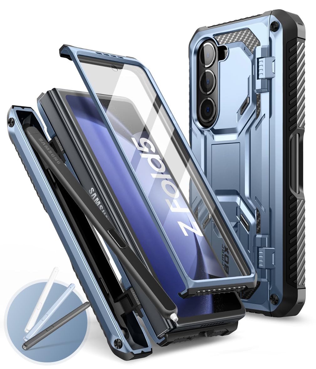 i-BLASON Armorbox for Samsung Galaxy Z Fold 5 Case with Pen Holder & 3 Silicone Pen Covers, Full Body Protective Bumper Case with Built-in Screen
