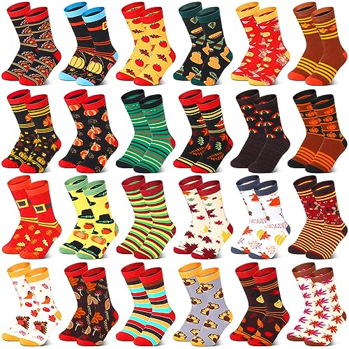 Jeyiour 24 Pair Fall Autumn Socks Men Women Turkey Pumpkin Socks for Thanksgiving Holiday Colorful Gifts