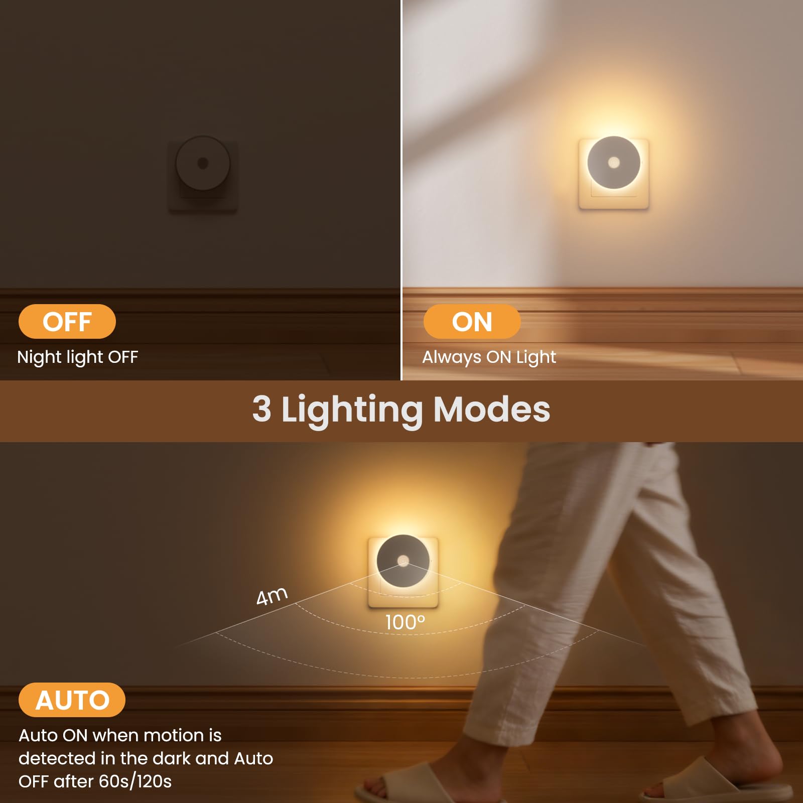 Luz Nocturna Infantil 2 Pcs, Luz LED Nocturna con Sensor de Movimiento, Lámpara de Noche Enchufable Brillo Ajustables, 3 Modos (AUTO/ON/OFF), Luz Noche para Niños/Escaleras/Dormitorio- Blanco Cálido