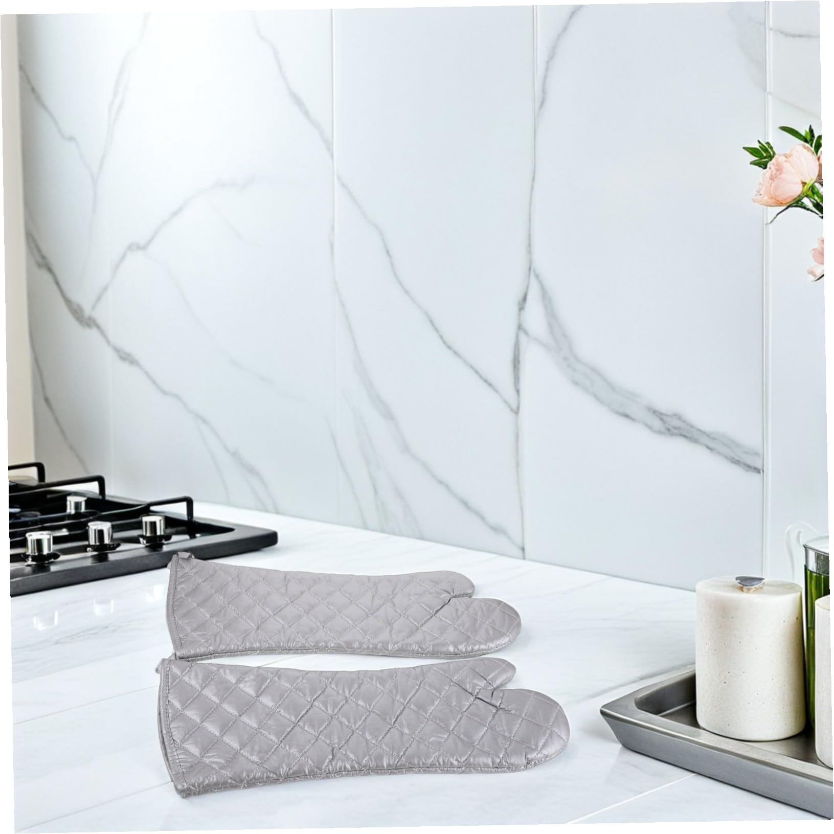 1 Paar Ofenhandschuhe aus Polyester Baumwolle Hitzebeständig für Küche | Ergonomisches Design, Multifunktionale Nutzung, Silberfarben, für Air Fryer und Backen