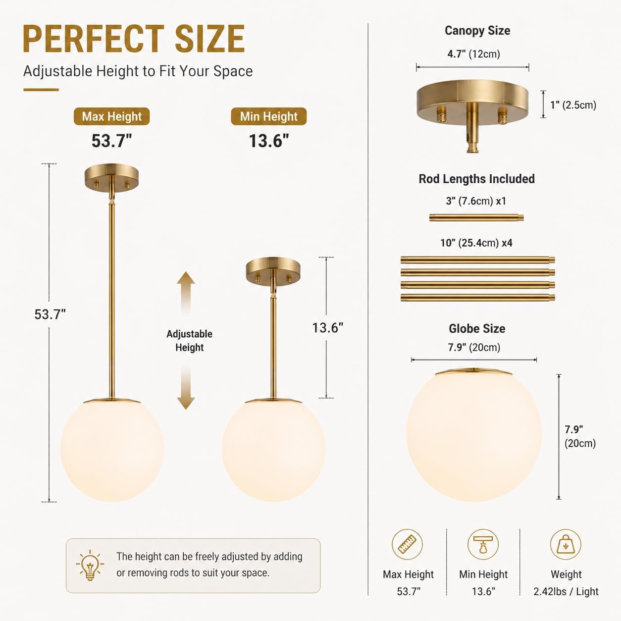 Modern Globe Pendant Light Mid Century Opal Glass Hanging Light Fixture Gold Finish, 3-Light Glass Pendant Lighting for Kitchen Island Dining Room Bedroom Hallway and Bathroom…