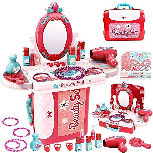Image of High Trusted Big Beauty Set for Kids Girls 3 in 1 Learning Educational Make Up Suitcase Kit with Makeup Accessories Pretend Play Set Portable Suitcase Toy Gift for Girls (Pink)