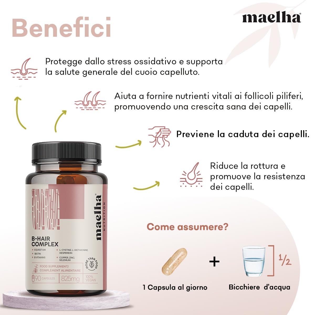 B-Hair Complex | Integratore Capelli e Unghie | Biotina Complex con L-cistina, Equiseto e Vitamina B | Integratore Capelli Uomo e Donna | 90 capsule | 100% Vegano