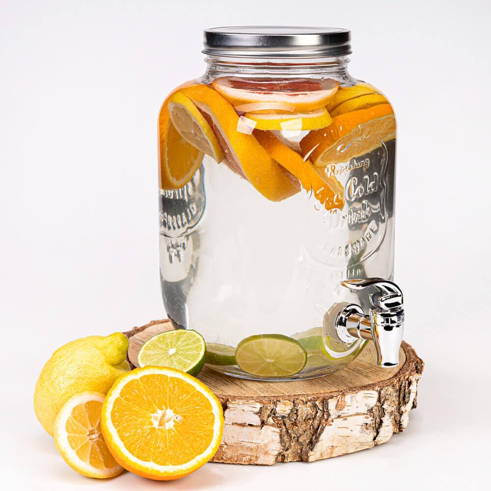 Distributore Di Bevande In Vetro Scuro 5L Con Rubinetto Antigoccia, Base Metallica E Coperchio Ermetico Per Vino, Succhi E Limonata