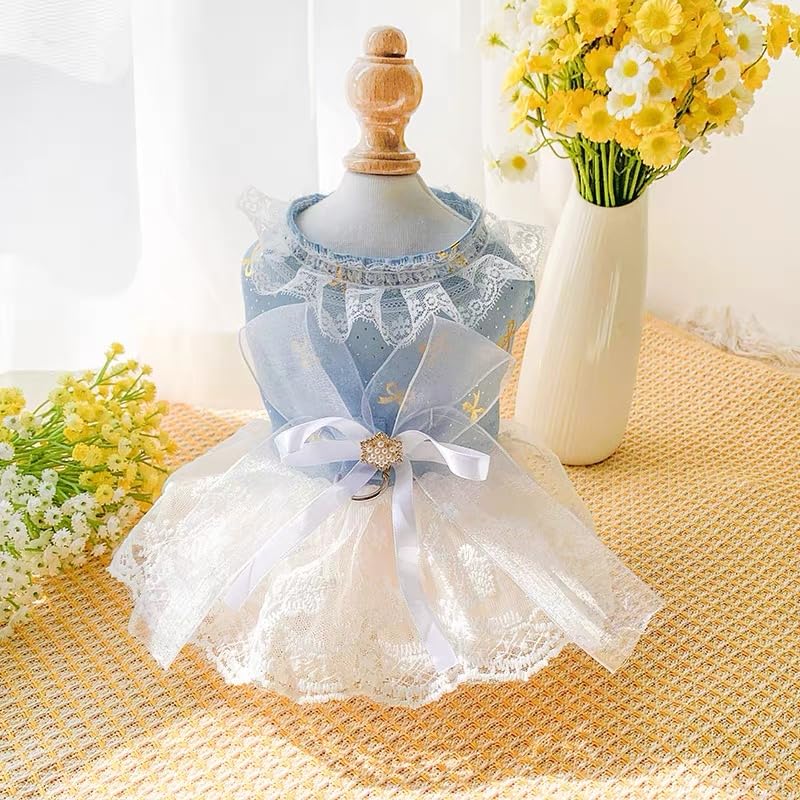 Image of HDKUW Small Dog Dress, Girl Puppy Lace Princess Skirt Tutu Dress with Bowknot,Chihuahua Yorkie Clothes Outfit for Birthday Wedding Party Light Blue Daisy S