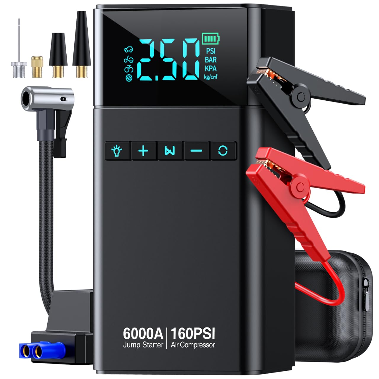 10-in-1 Portable Car Battery Jump Starter with Air Compressor, 6000A 160PSI Portable Car Jumper Starter (All Gas 12L Diesel), 12V Jump Box Car Battery Jump Starter with Jumper Cables, Lights