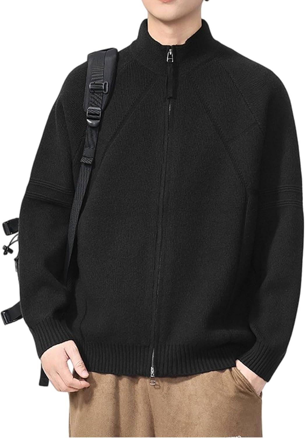 Men's Mock Neck Zip Up Cardigan Solid Color Vintage Relaxed Fit Knit Sweater