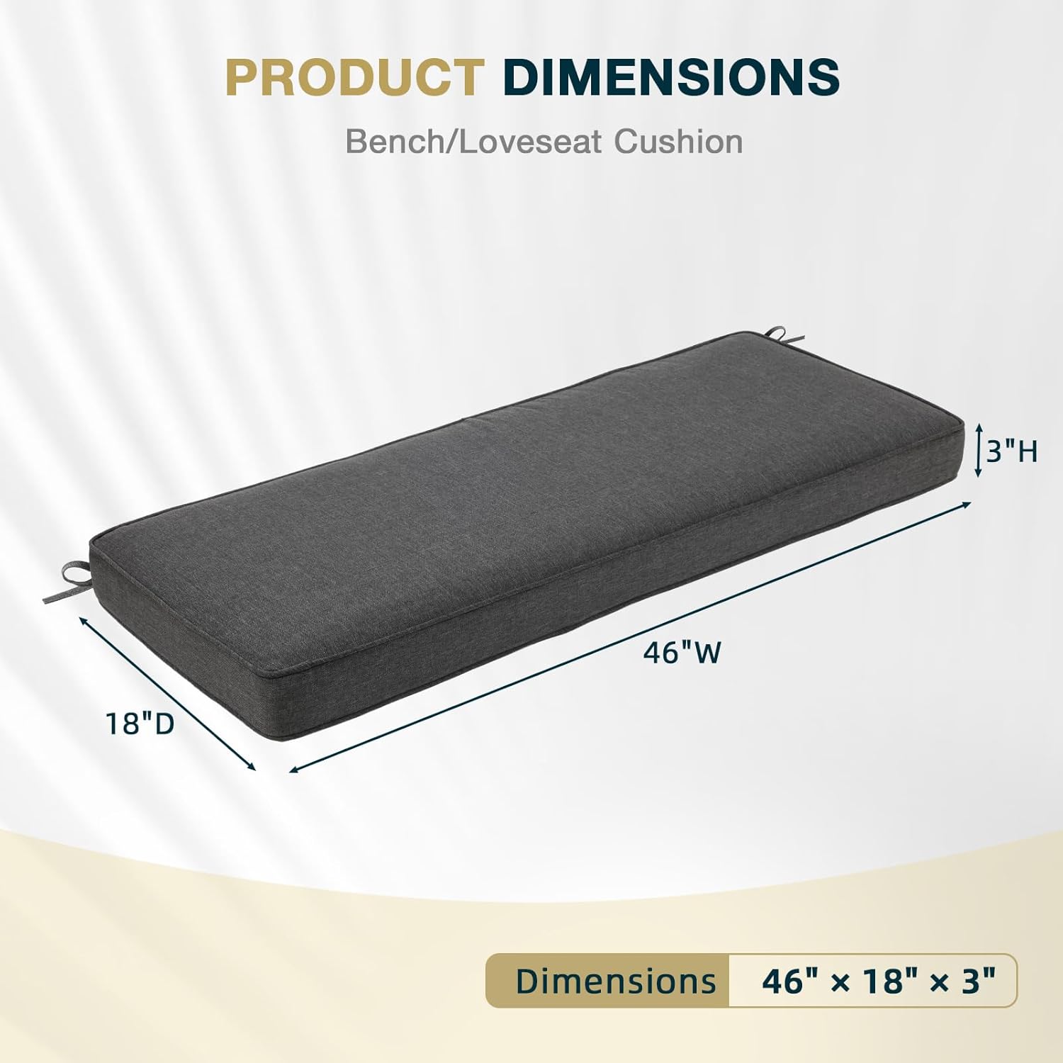 Aoodor 46.5" x 18" Patio Bench Cushion, Fade-Resistant and Water-Resistant Olefin Fabric Slipcover Sponge Foam, Outdoor Use, Charcoal