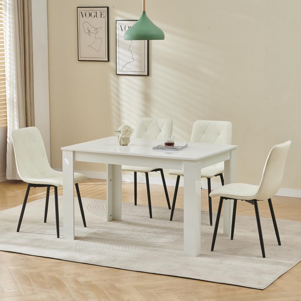 Homullel 5 Piece Dining Room Table and Chairs Set for Dining Room, Modern 120cm White High Gloss Dining Table with 4 Cream PU Leather Chairs for Family Dinner Set Space Saving — image 1