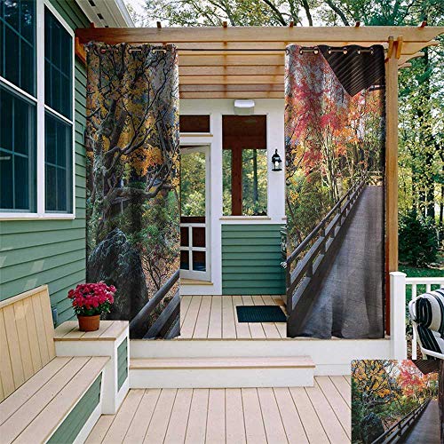 leinuoyi Japanese, Outdoor Patio Curtains, Forest Landscape from a Wooden Balcony in The Fall Paradise Maple Tree Print, Set for Patio Waterproof W84 x L108 Inch Green Brown