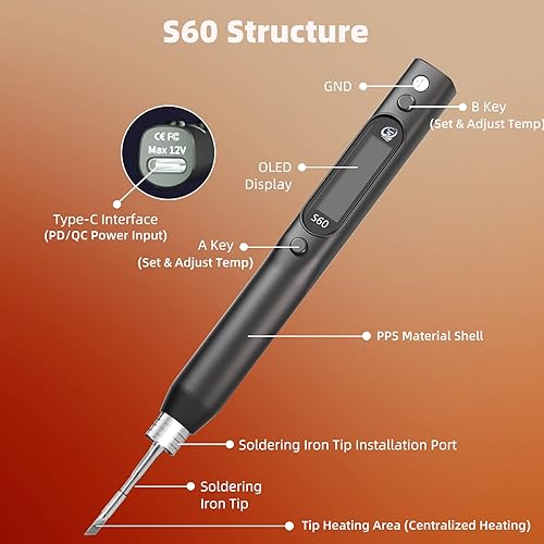 Miniatura 6 de SEQURE Kit de soldador eléctrico de 60 W, mini soldador eléctrico, 122-932, entrada de alimentación DC+PD, pantalla OLED, apagado automático y