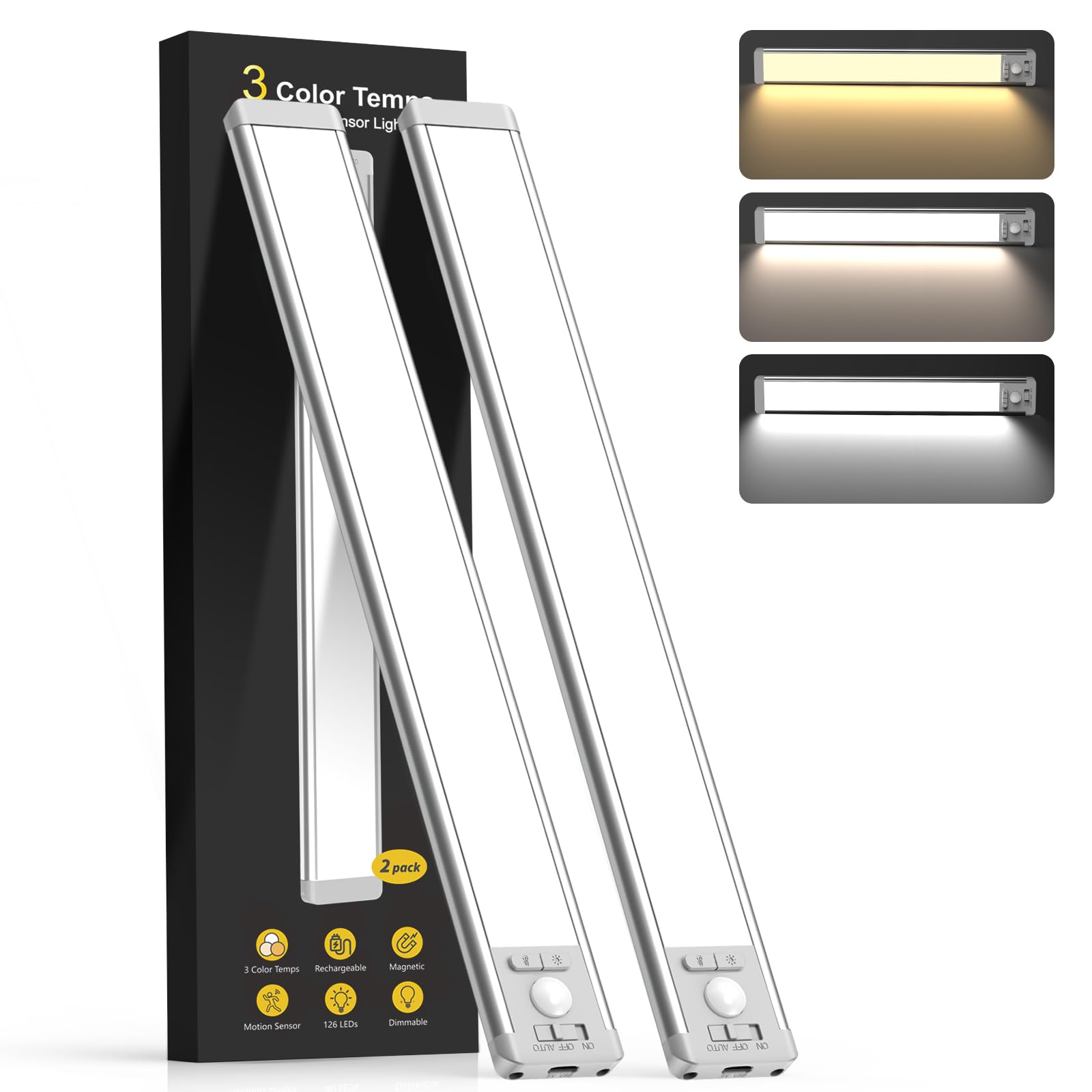 Photo 1 of 14.7inch Under Cabinet Lighting with 3 Color Temps, 2 Pack Rechargeable Motion Sensor Light Indoor, 5 Levels Dimmable Magnetic Closet Lights, Wireless Under Counter Lights for Kitchen, Stairs