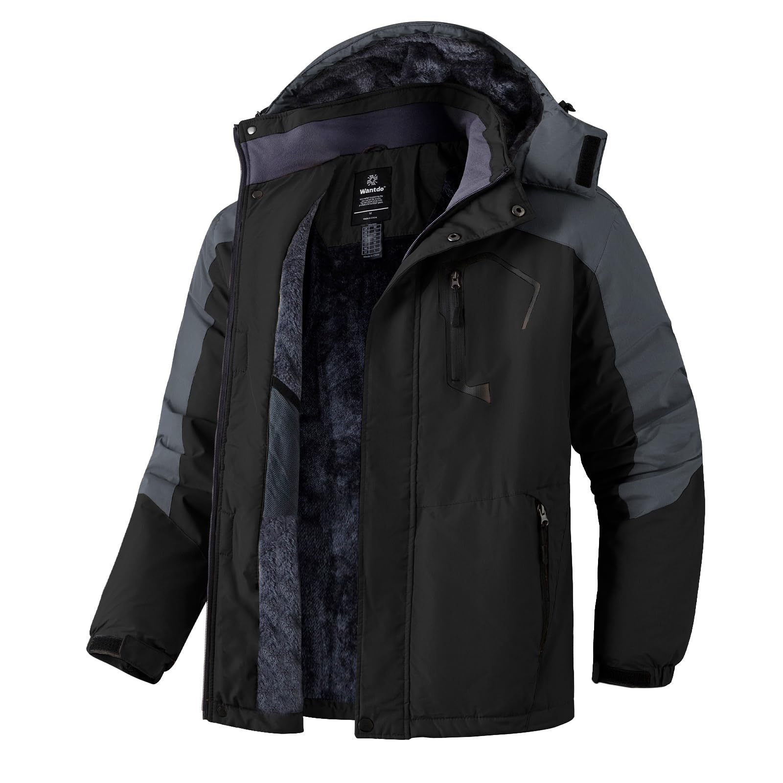 Wantdo Giacca da Sci Montagna Calda Invernale Parka da Neve Imbottita Cappotto da Snowboard in Pile Giubbotto con Cappuccio Impermeabile Uomo