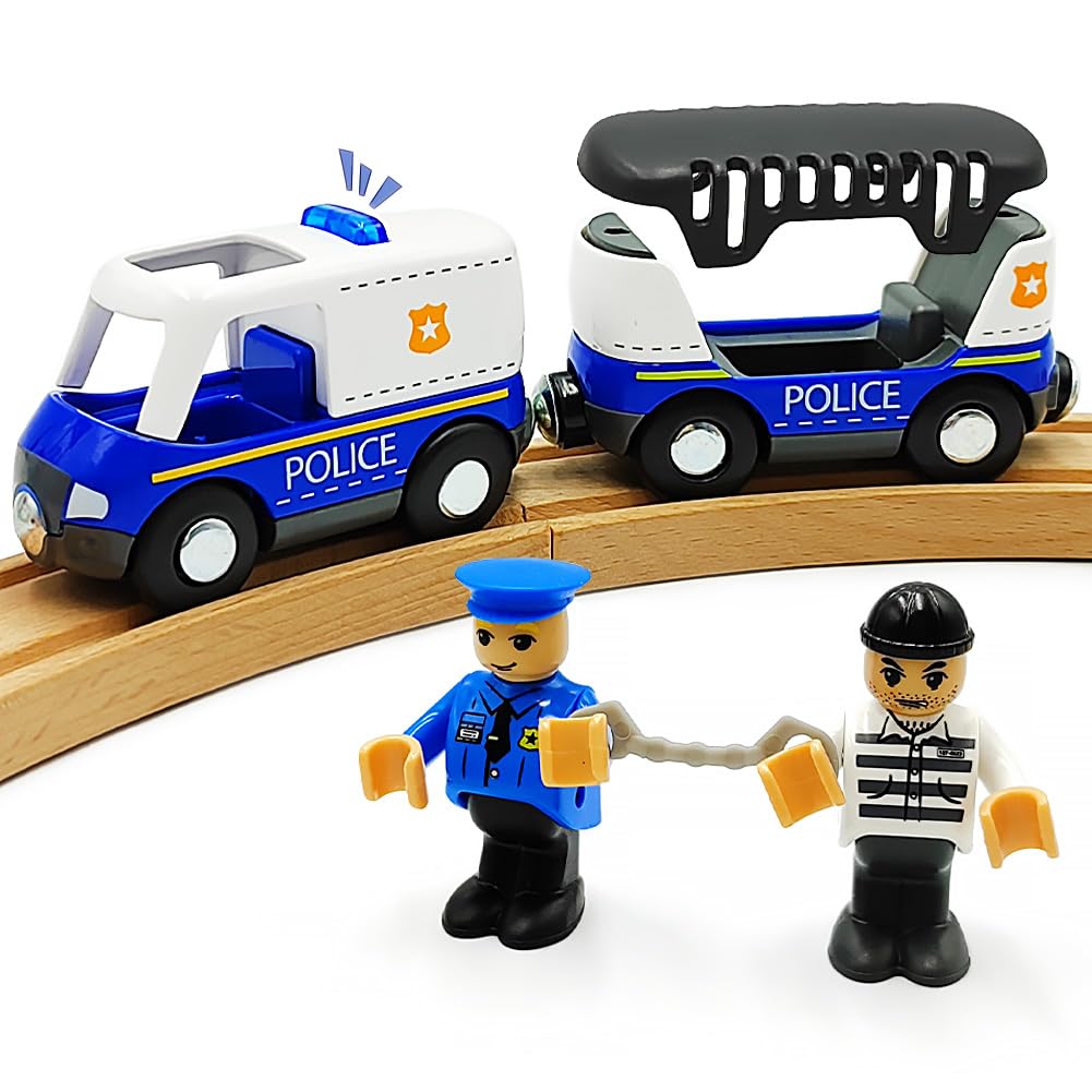Magnetic Trains Cars Playset Wooden Train Track Accessories Station Wagon Train Set for Toddlers 3-5 Wooden Train Sets for Boys Ages 3-4-7 (Police Car