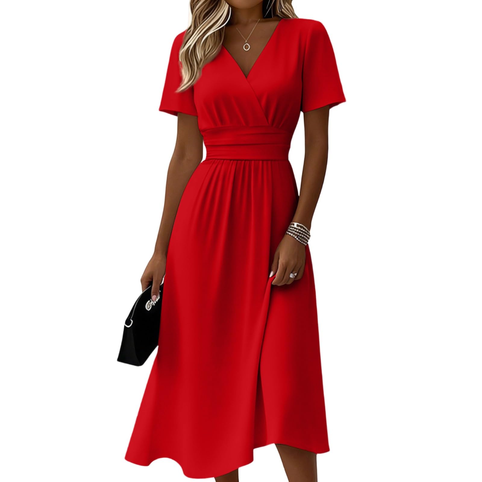 Generico Robe d'été pour femme - Robe d'été à manches courtes - Robe mi-longue décontractée - Taille haute - Col en V - Couleur unie - Élégante robe de style bohème pour les vacances