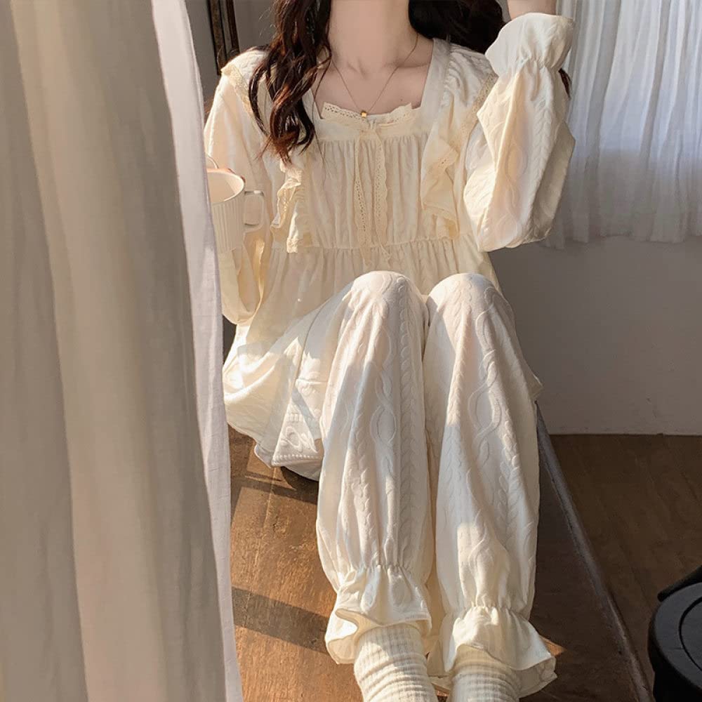 Pigiama Donna Corto - Pigiama da Notte in Cotone Versatile con Fiocco Carino Set da Pigiama Casual da Donna A Maniche Lunghe Top & Pantaloni Indumenti da Notte Cozy Soft Loungewear
