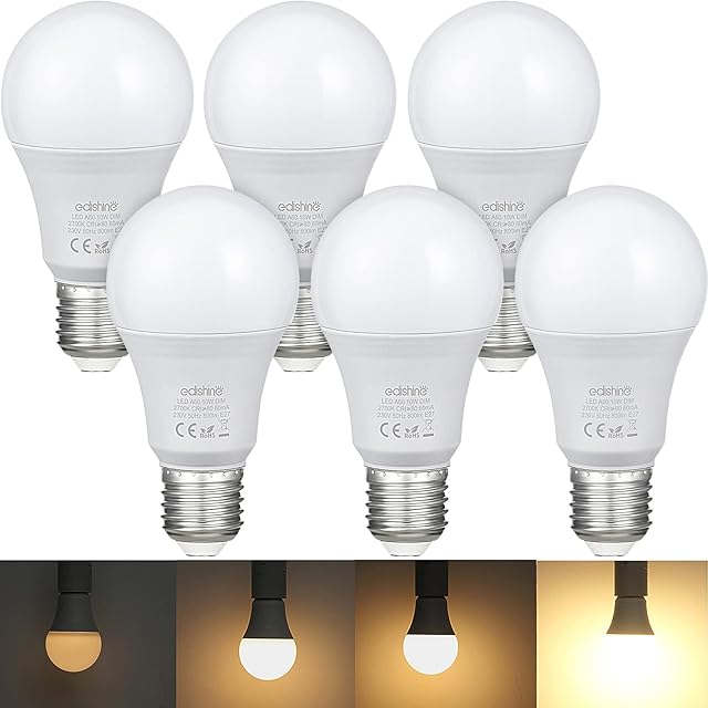 EDISHINE 6 Pack Dimmable Screw Light Bulb, E27 Screw Bulb 60W Equivalent, Warm White 2700K, 10W 800LM Energy Saving Light Bulbs for Lamps, LED Lights for Bedroom Living Room
