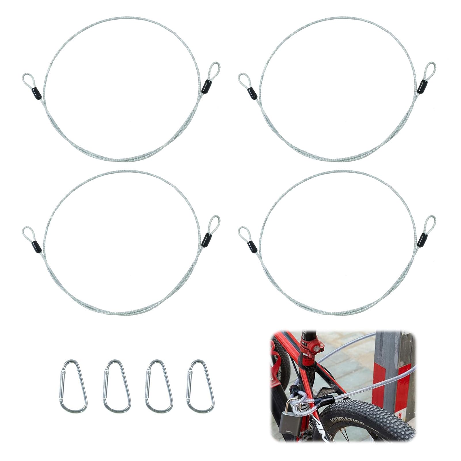 4PCS Câbles Antivol en Cable Acier 1m avec Mousqueton, Cordelette de Sécurité Robuste, Elingue Polyvalente et Chaine Antivol pour Vélo, Éclairage, Bagages et Équipements, Usage Intérieur et Extérieur