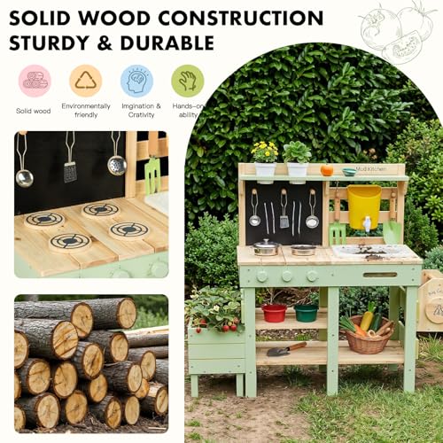Image of Frogprin Mud Kitchen for Kids, Outdoor Play Kitchen with Insect Observation Box & Planter Box, Kitchen Accessories, Gardening Tool Toy, Removable Sink Faucet, Wooden Pretend Kitchen for Boys Girls 3+