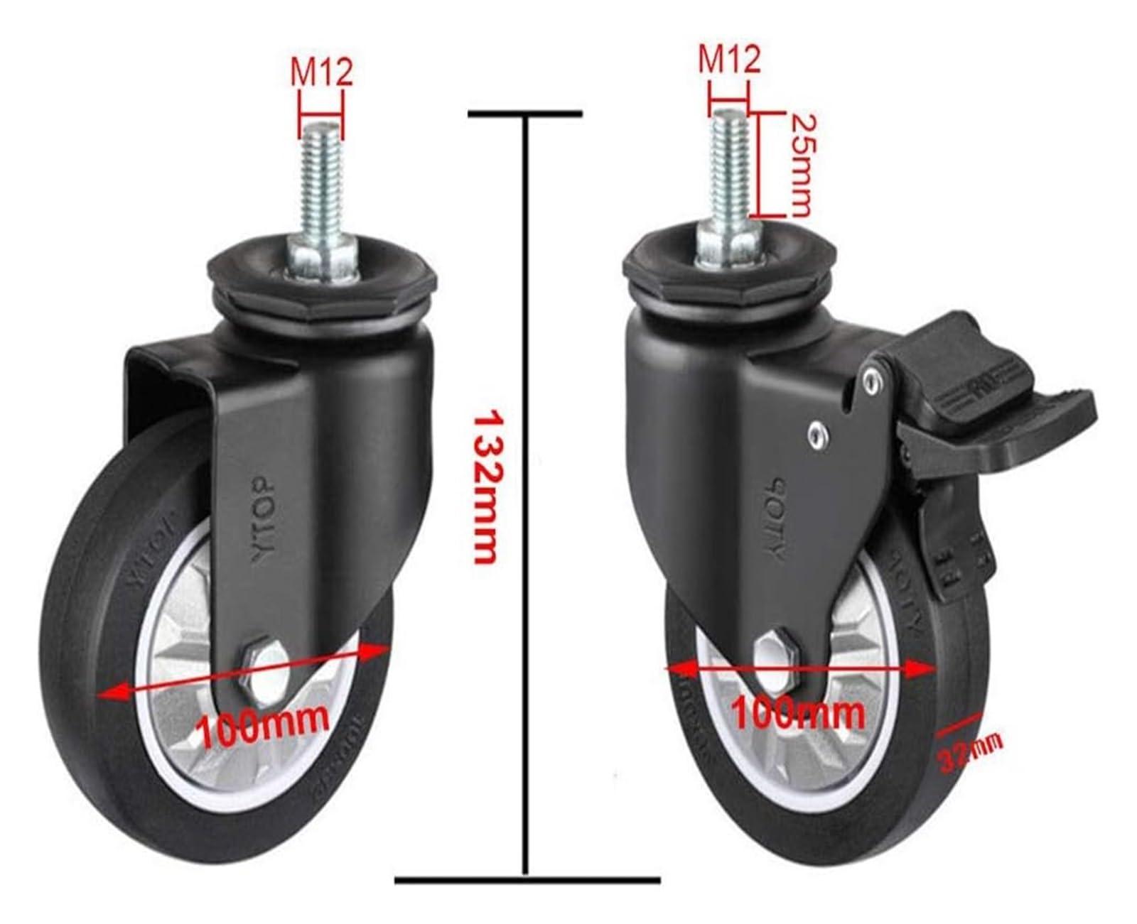 Kółka do mebli, Zestaw kółek obrotowych z blokadą, 4 różne rozmiary, nośność 1180 funtów(2 Swivel+2 Brake,100mm/4in)