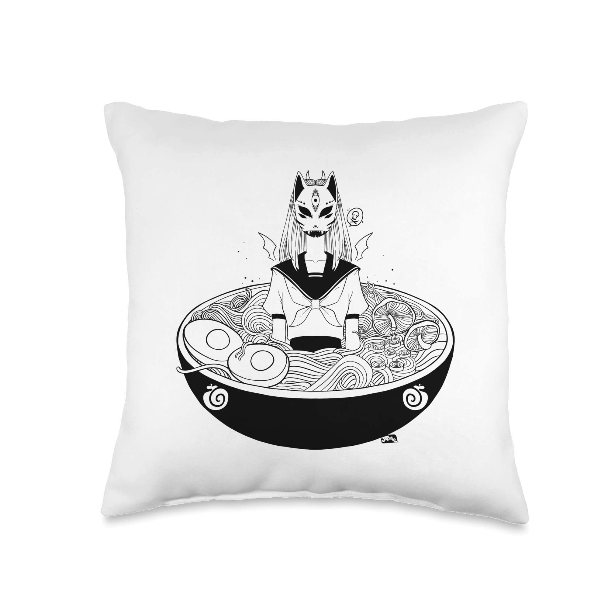 Anime Artwork by CellsDividing Japanese Anime School Girl with Fox Kitsune Mask and Ramen Throw Pillow, 16x16, Multicolor