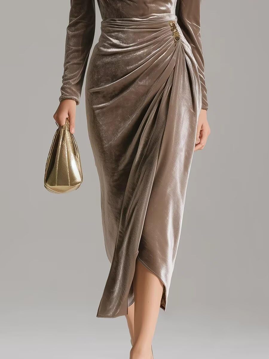 Velvet Tulle Midi Dress with Long Sleevee Cowl Neck Formal Cocktail Dresses Bodycon Ruched Wedding Guest Party Gown - Image 5