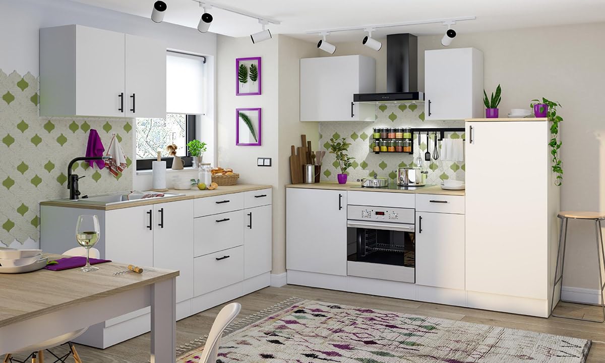 PEGANE - Colonne Armoire de Cuisine avec 1 Porte Coloris Blanc Brillant/Chêne Canadien - Hauteur 148 x Longueur 60 x Profondeur 60 cm