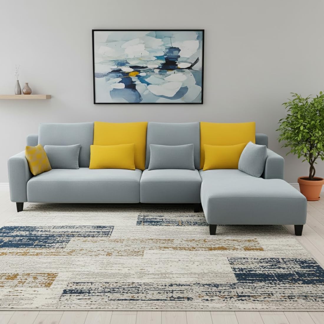 FURNY Mintara 6 Seater Fabric RHS L Shape Sofa Set (Light Grey) with Extra Cushions | Premium Velvet Finish | Ideal for Living Room-image-8