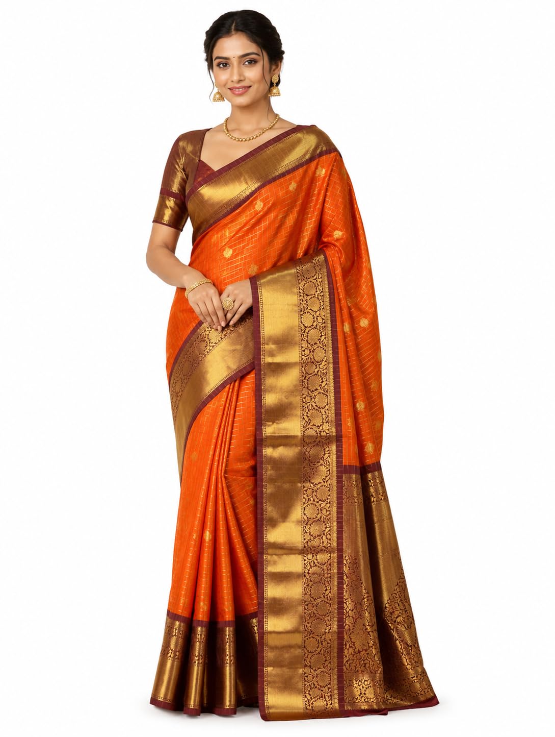 Rust Orange Silk Saree with Golden Zari Weaving, Woven Motifs, Maroon and Gold Border, with Blouse Piece-image-18