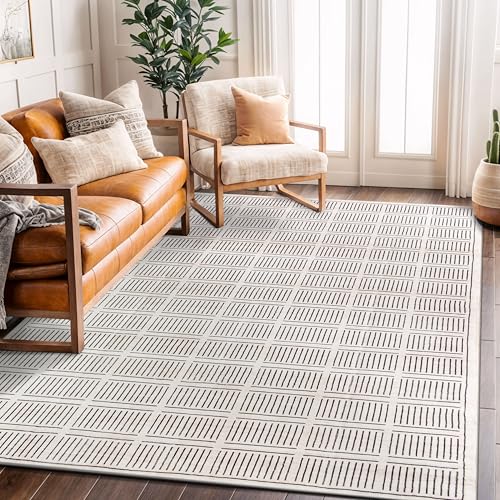 Rugshop Bohemian Stripe Lines Washable Non Slip Area Rug 5' x 7' Ivory