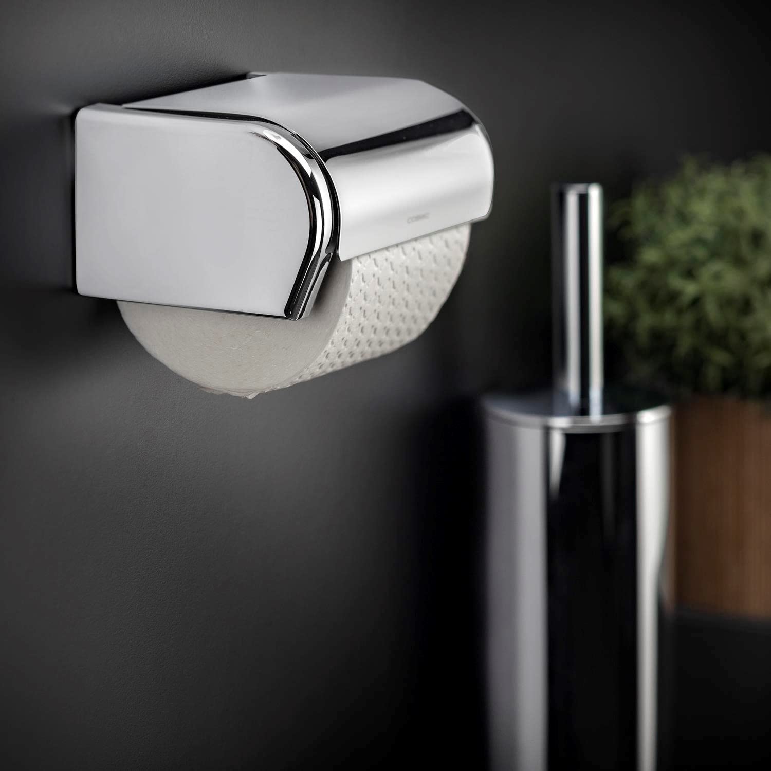 COSMIC - Portapapel con Tapa Baño | Acabado Cromado | Fácil Instalación con Tornillos | Medidas 14,5 x 11,5 x 8 cm