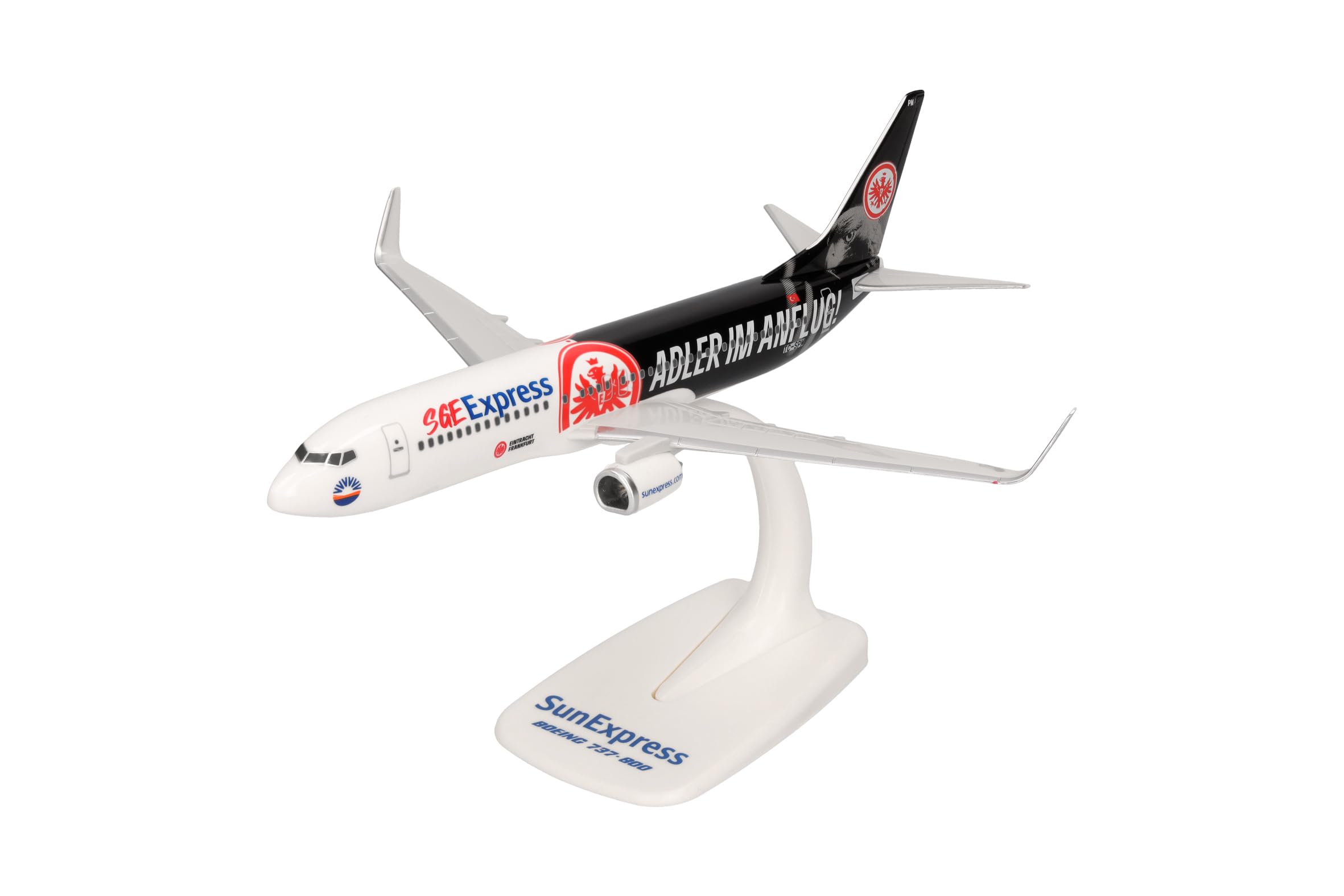 Herpa Snap-Fit Modellflugzeug Sun Express Boeing 737-800 "Eintracht Frankfurt - SGE Express - Adler im Anflug - TC-SPM, Miniatur im Maßstab 1:200, Sammlerstück, Modell mit Standfuß, Kunststoff