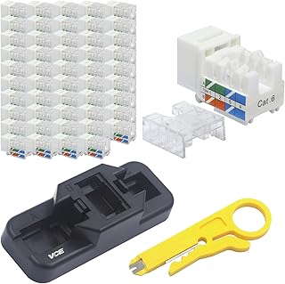 VCE 50 Pack Cat6 RJ45 Keystone Jack Insert UL-Listed, 90 Degree Ethernet UTP Cat 6, Cat5, Cat5e Keystone Punch-Down Stand and Mini Stripper Cutter White