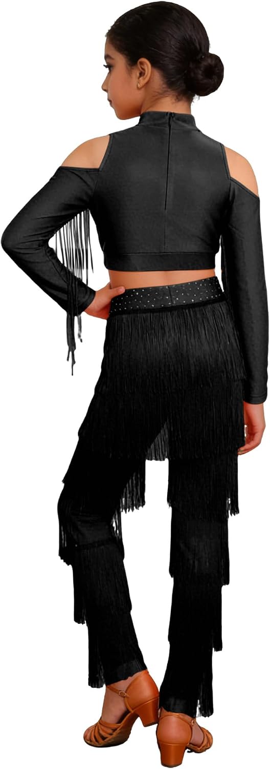 Shinsto Kids Girls 2 Piece Latin Ballroom Dance Outfits Tassel Crop Tops with Fringe Pants Set Dancewear Black 6 Years