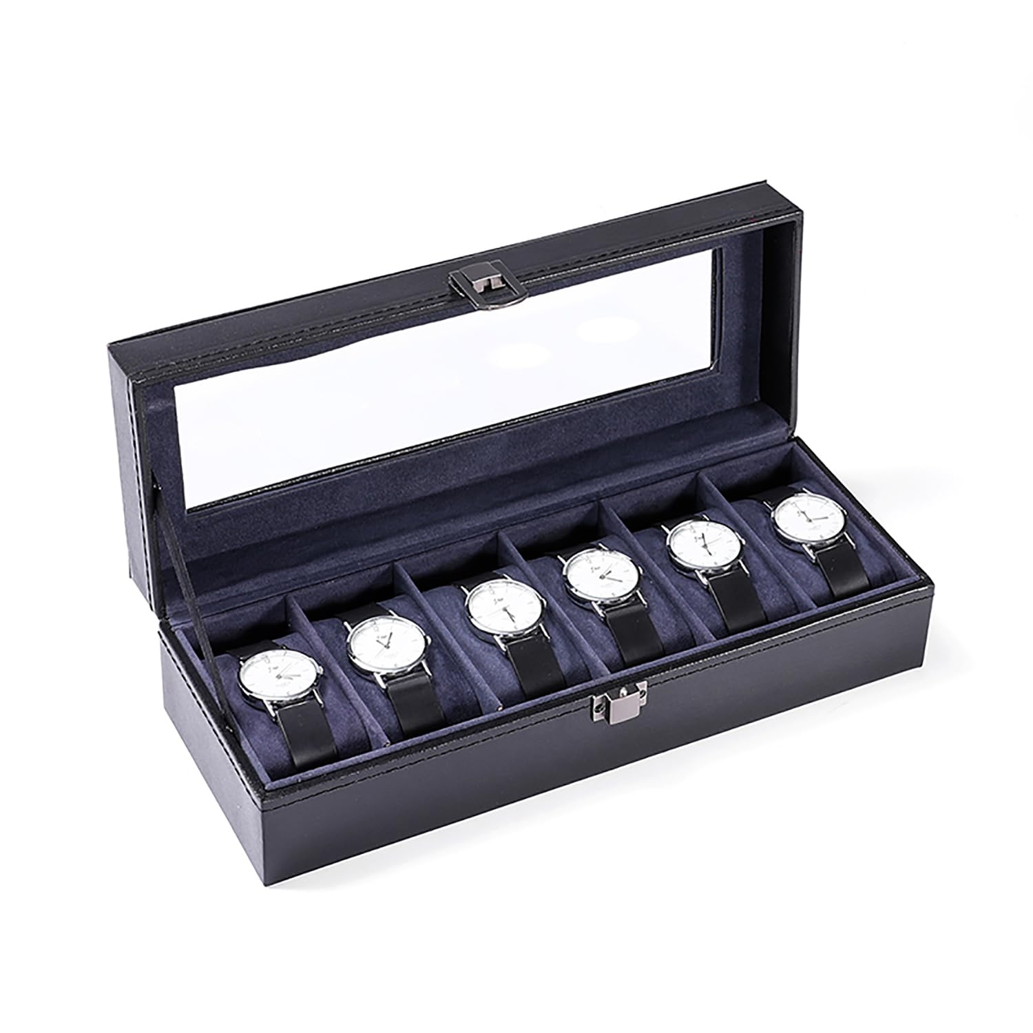 HVMBEUGOS Watch Storage Box 6 Slots Watch Display Stand Case Leather Carbon Fiber Jewelry Bracelet Storage Box with Glass Cover (Black 6 Slots)