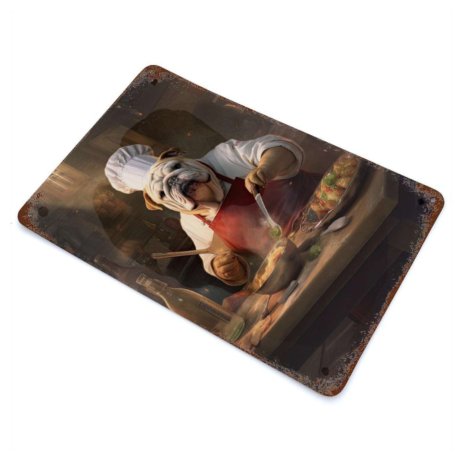 English Bulldog Chef Aged Metal Wall Plaque 11.8"x7.9", Old School Wall Decor for Garage, Pub Or Kitchen